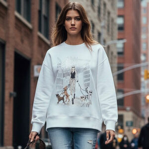 DKNY Dogs & The City Novelty Graphic cotton fleece sweatshirt Grunge White Sz L
